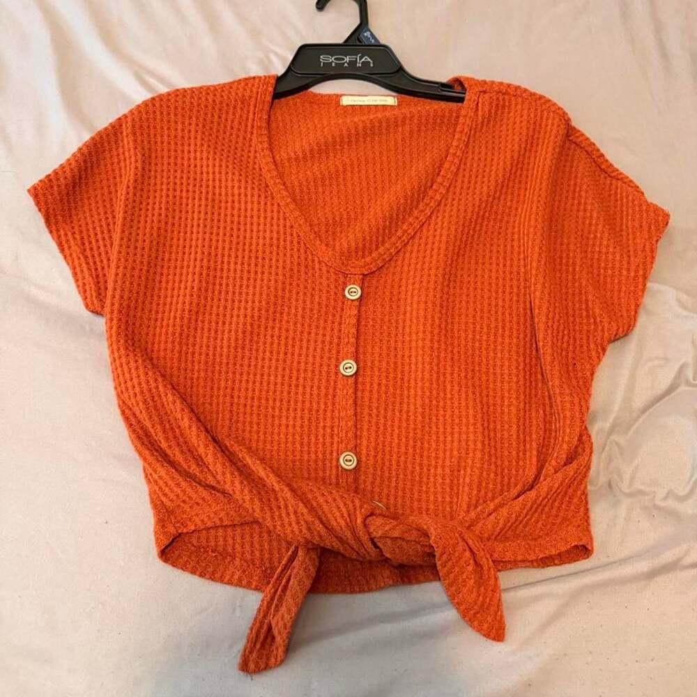 Orange waffle knit tie front
